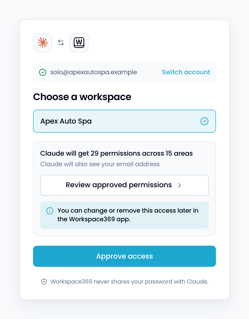 Workspace369 MCP authorization page for Claude after sign-in, with the Claude and Workspace369 logos, the signed-in account, the Choose a workspace list, a permissions summary with the Review approved permissions button, and the Approve access button