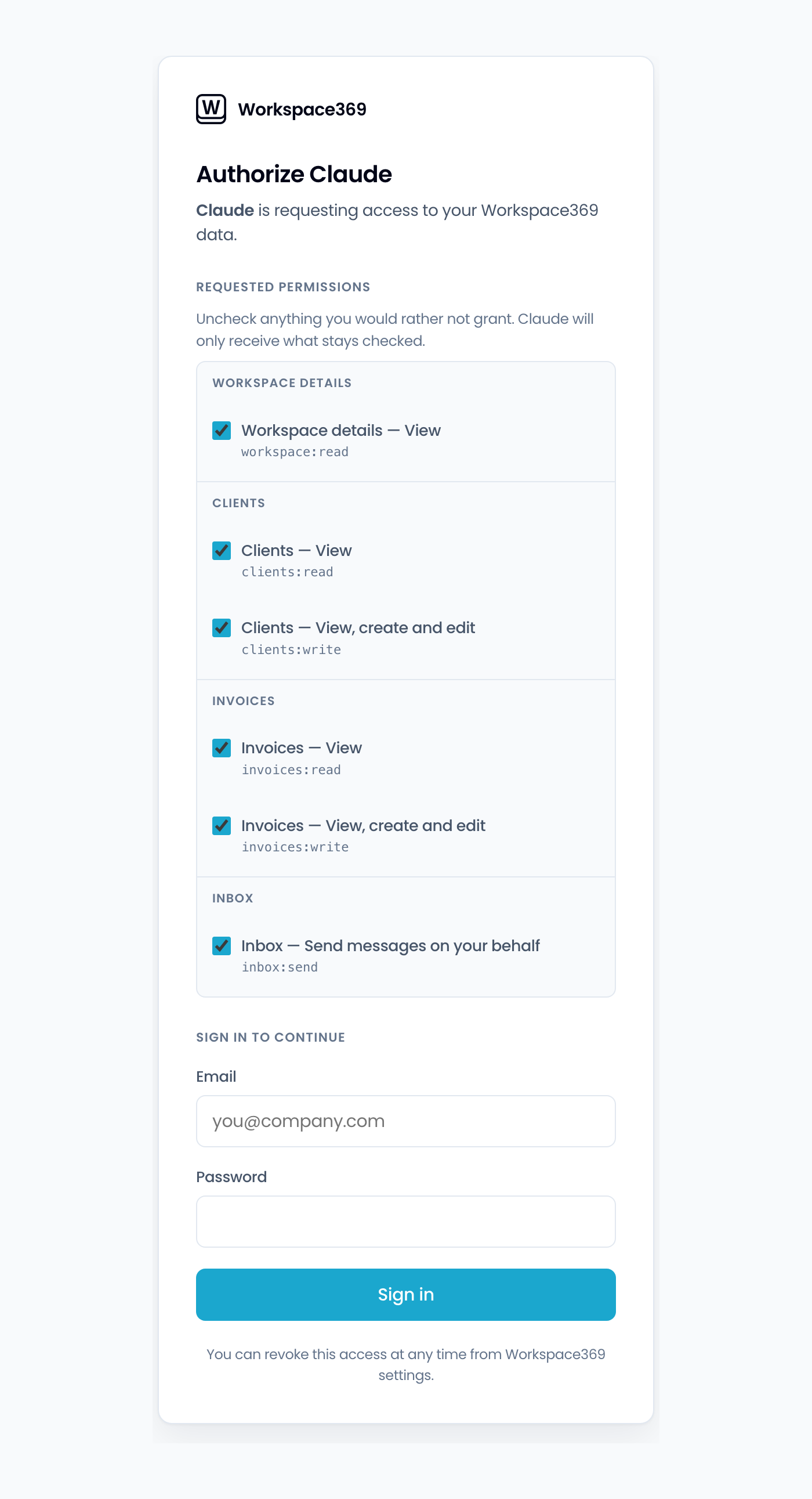 Workspace369 MCP authorization page asking a user to approve the Claude AI app, with the requested permissions listed as checkboxes grouped by module above the sign-in form