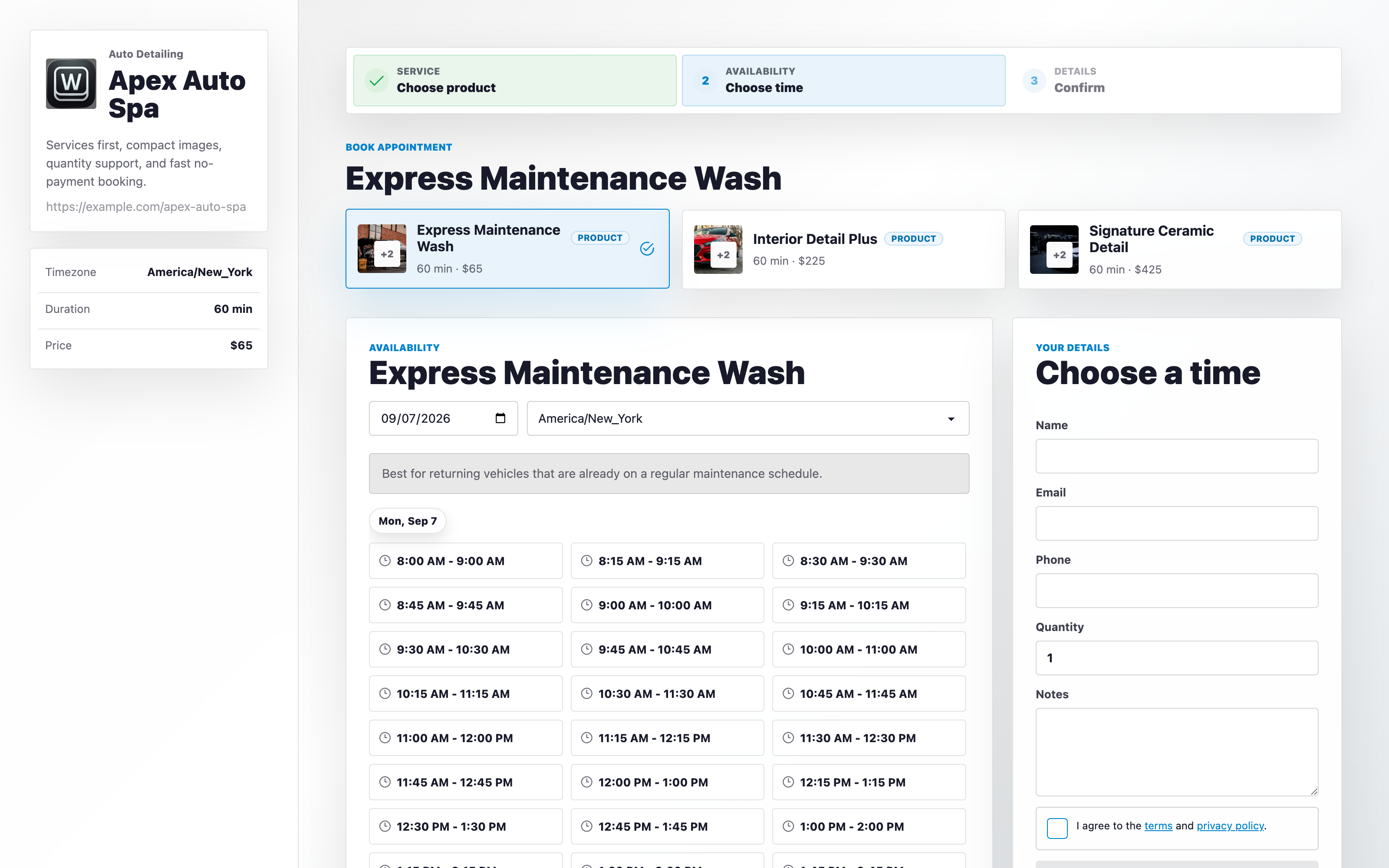 Workspace369 public booking page for the Apex Auto Spa demo workspace showing the service list, availability step, timezone selector, and details form