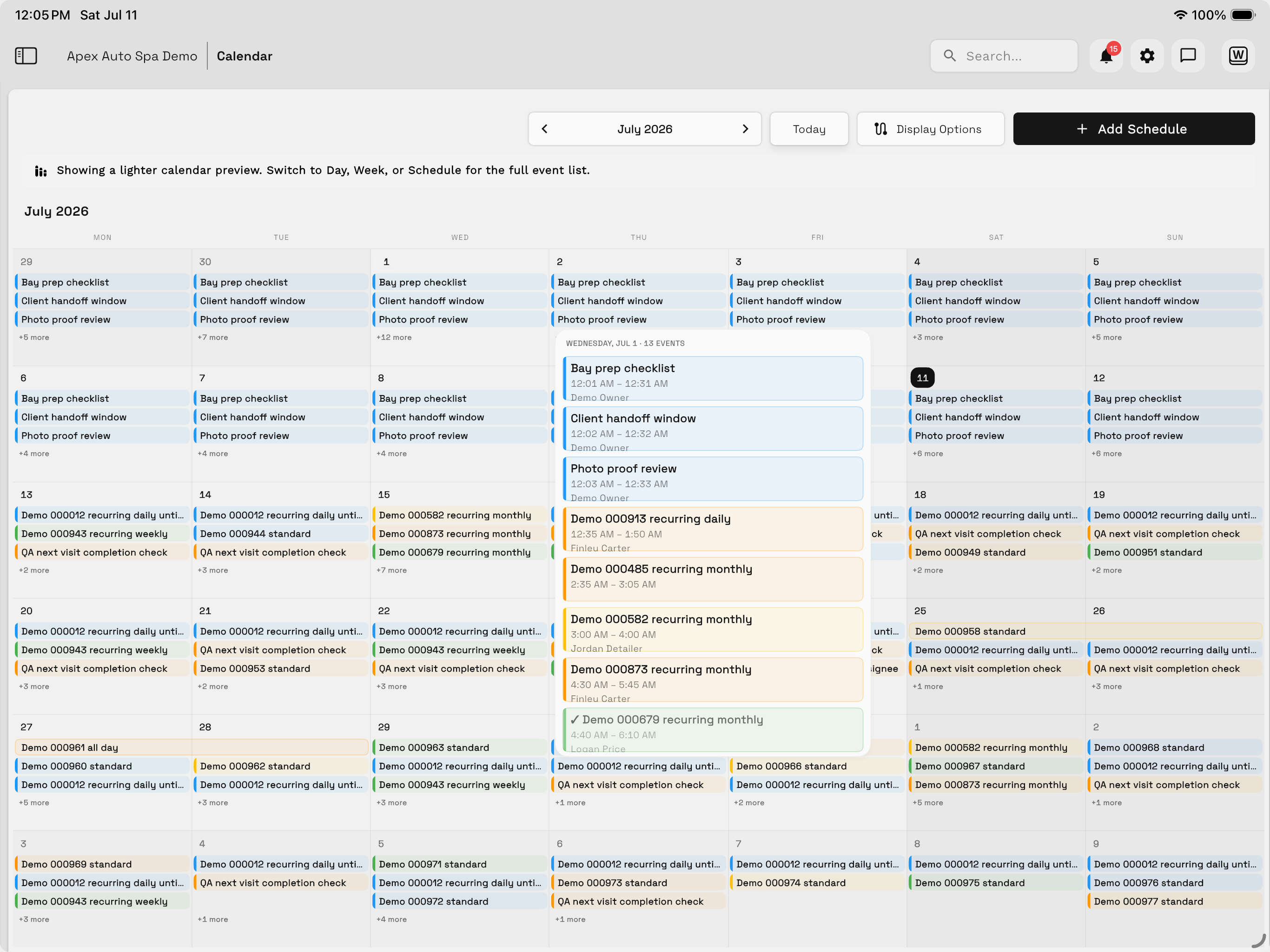 Workspace369 calendar in month view for July 2026 with an event preview panel, display options, and the Add Schedule button
