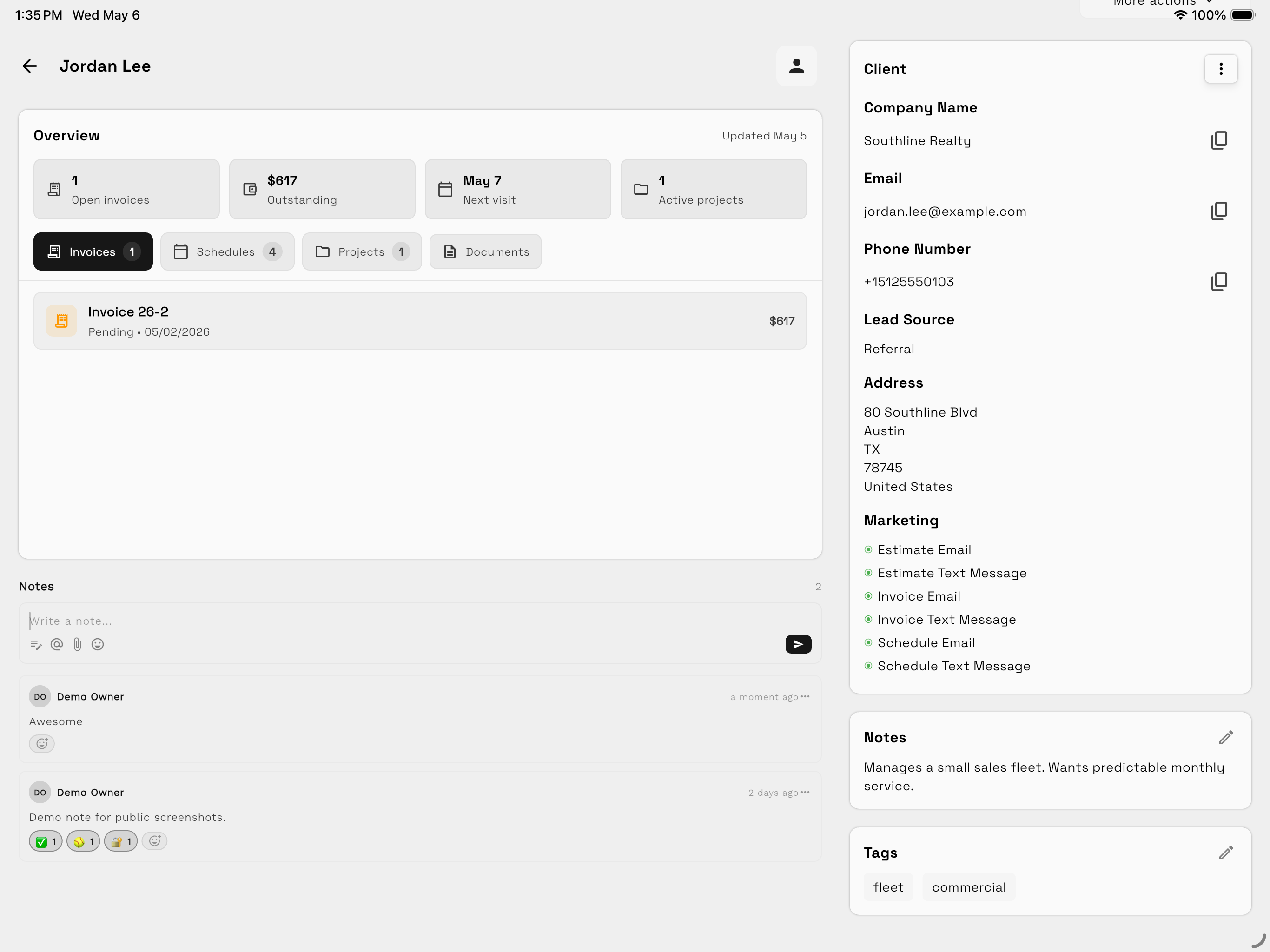 Workspace369 client record for a demo contact showing overview metrics and tabs for connected invoices, schedules, projects, documents, notes, and client details